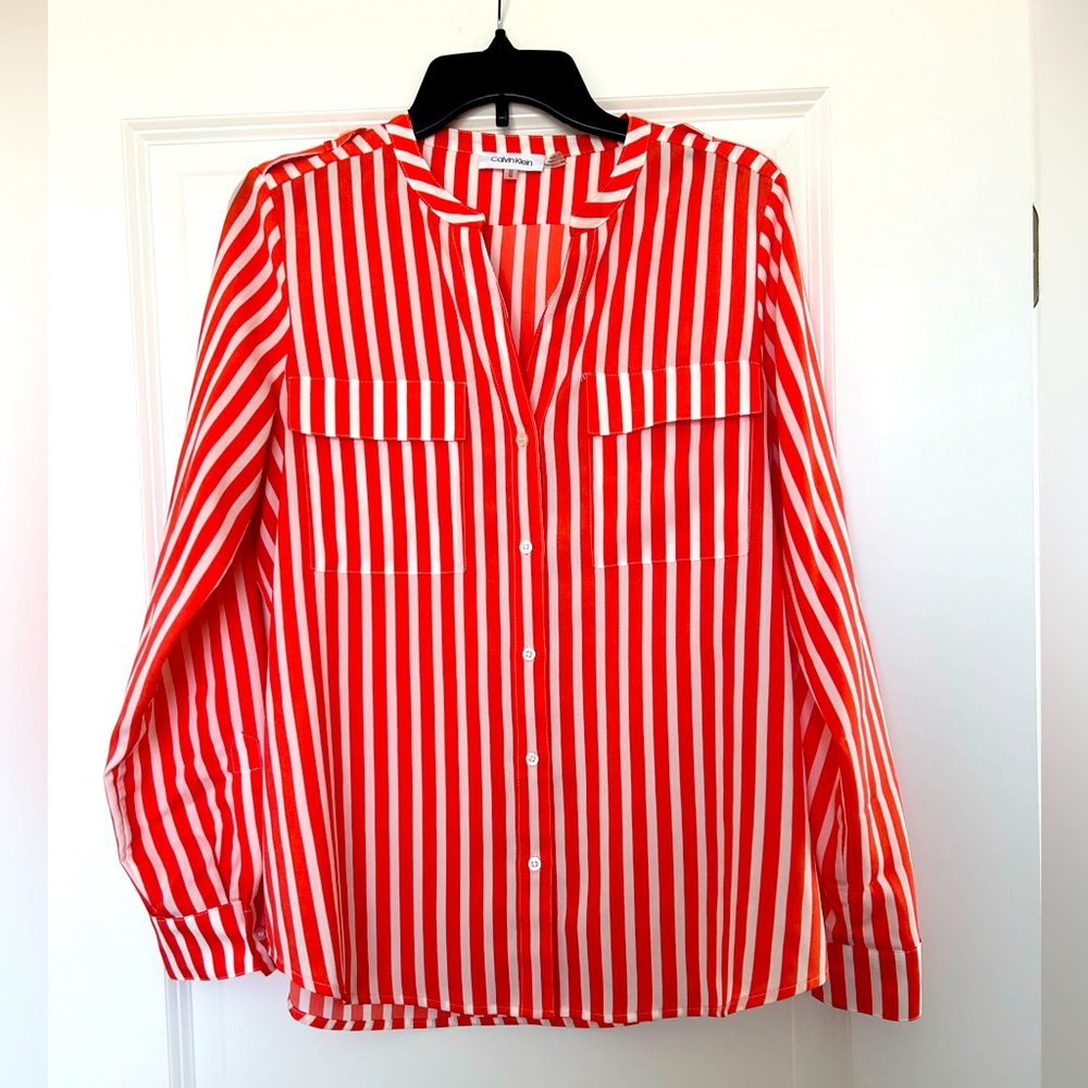 Women’s Pink White Calvin Klein Button Down Roll Sleeve Blouse - Size M